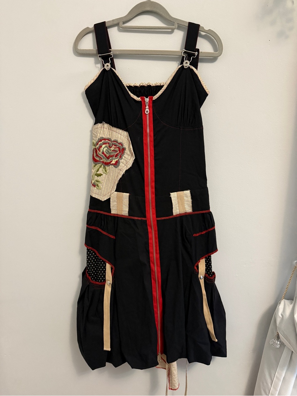 Black Dress with Red Zip and Rose Embroidery